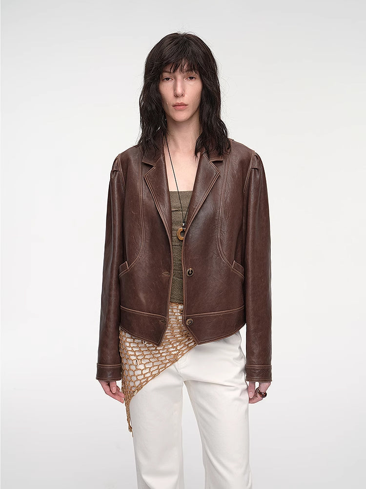 New Zealand imported waxed sheepskin distressed short leather jacket