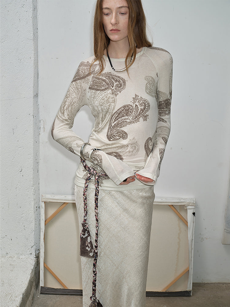Tencel wool original cashew print round neck slim long sleeve and