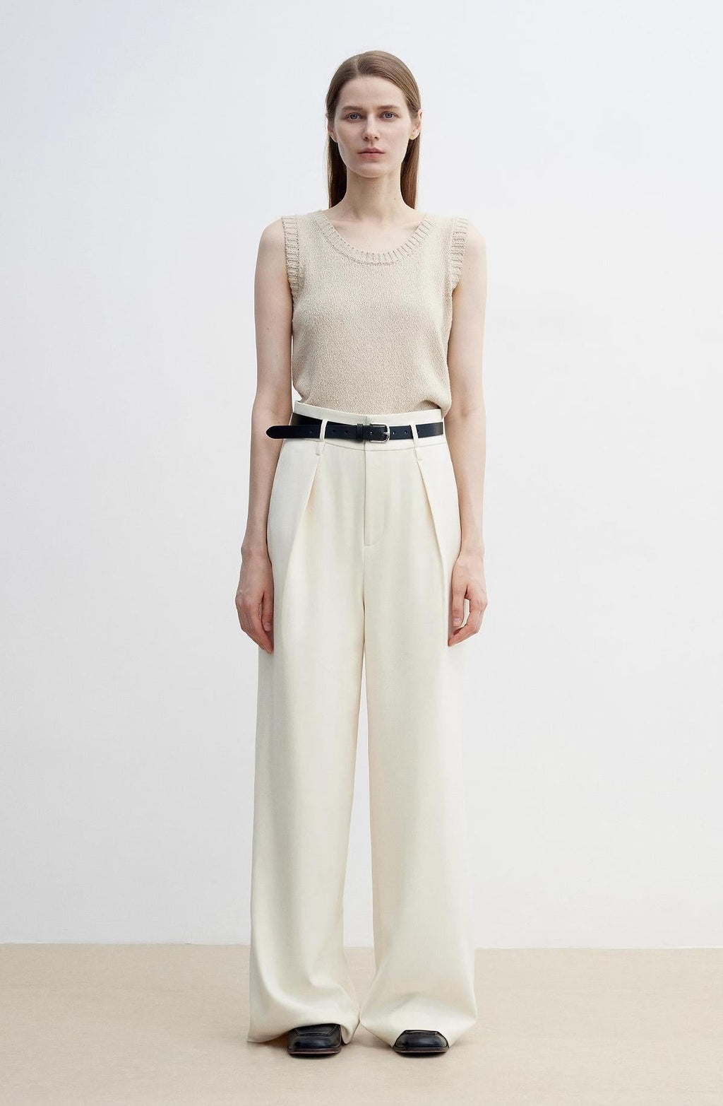 Women's white straight casual wide waist drape floor-length wide leg