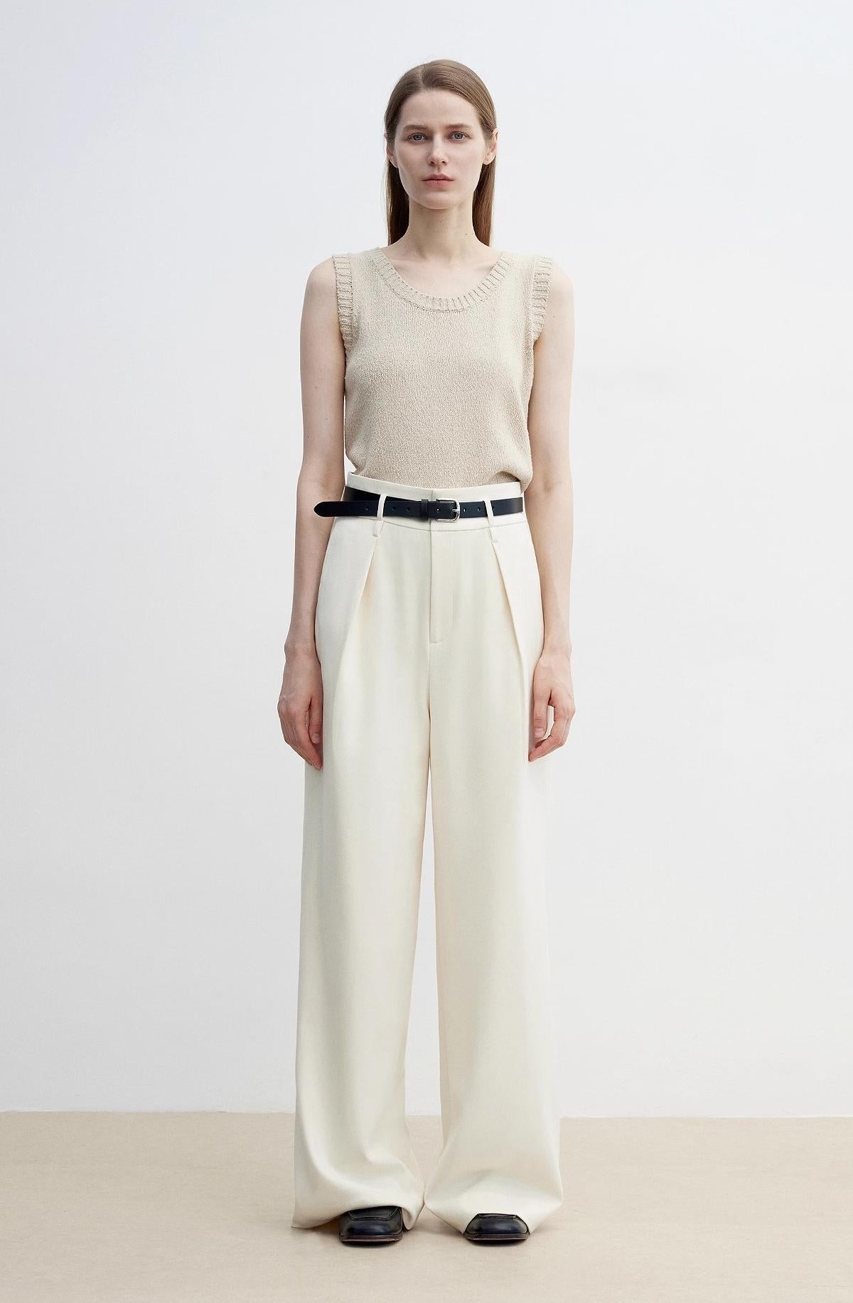 Women's white straight casual wide waist drape floor-length wide leg