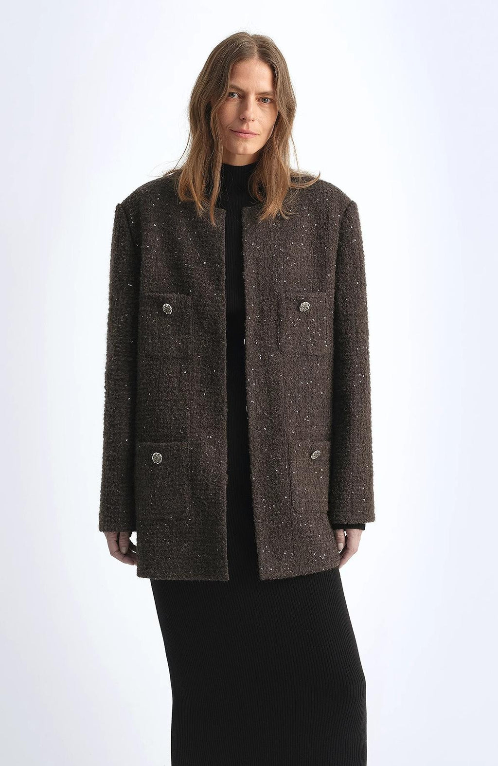 Circle Texture Sequined Wool Tweed Round Neck Long Chanel Style Coat
