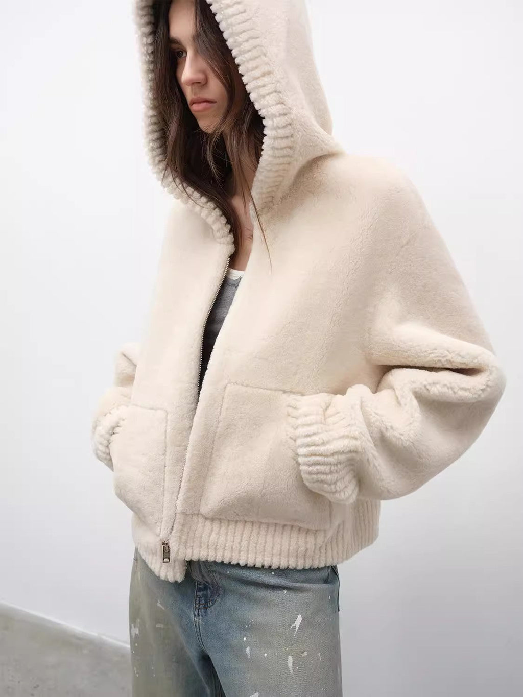 Fireladyfur Women's Hooded Merino Sheepskin Jacket“Bad boy”