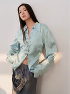 "Mercerized Spring Shadow" Acetate Shirt Women's Hollow String Pleated
