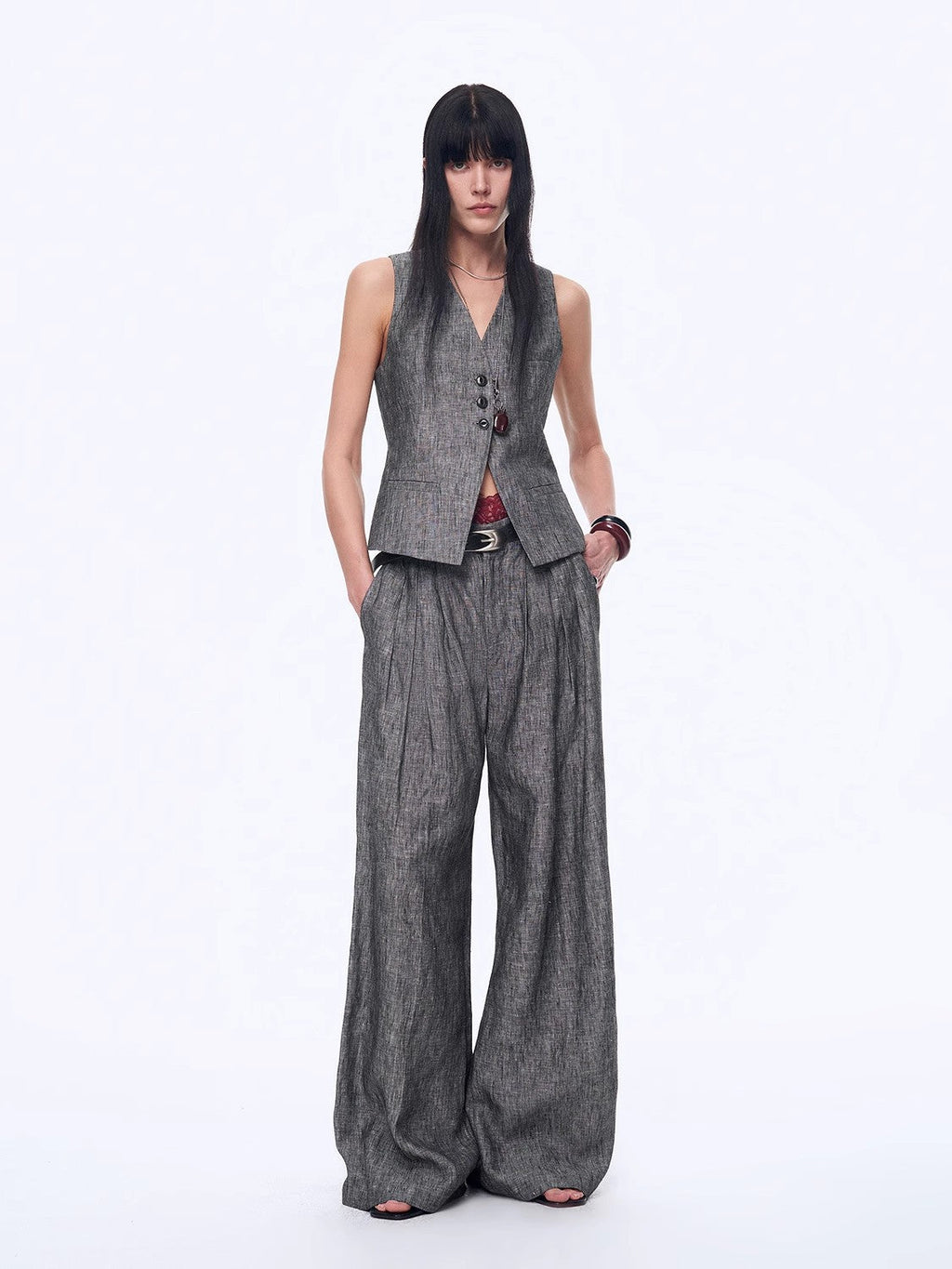 Fireladyfur Women's Linen Suit Set: Draped Vest & High-Waist Straight