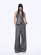 Fireladyfur Women's Linen Suit Set: Draped Vest & High-Waist Straight