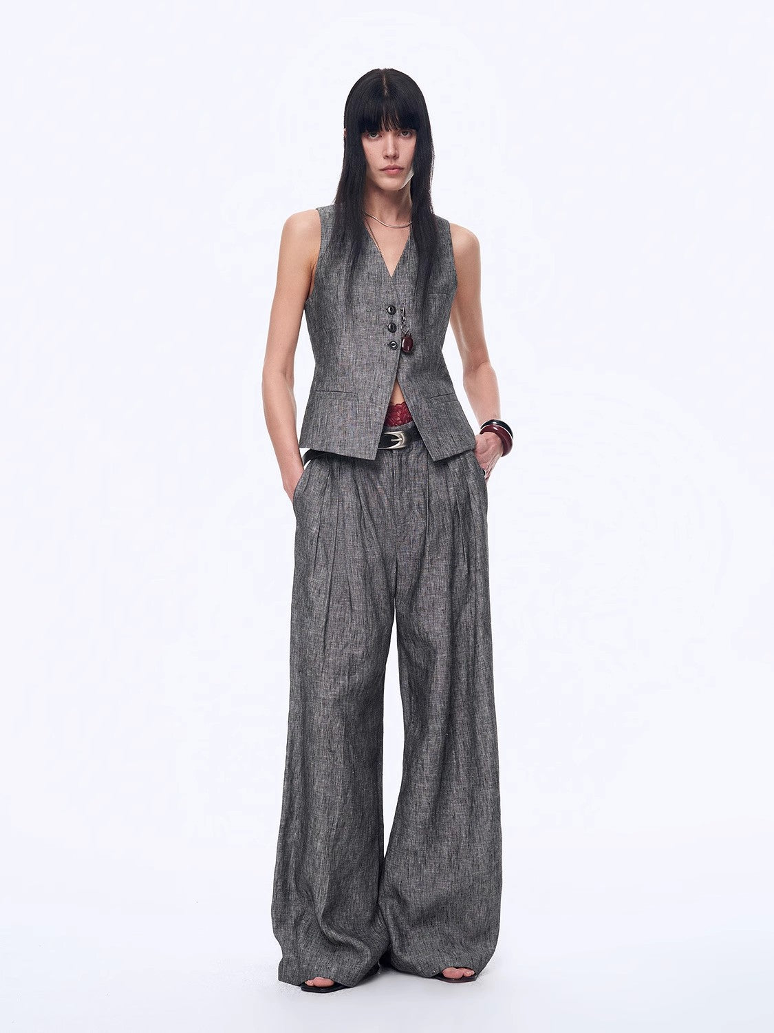 Fireladyfur Women's Linen Suit Set: Draped Vest & High-Waist Straight