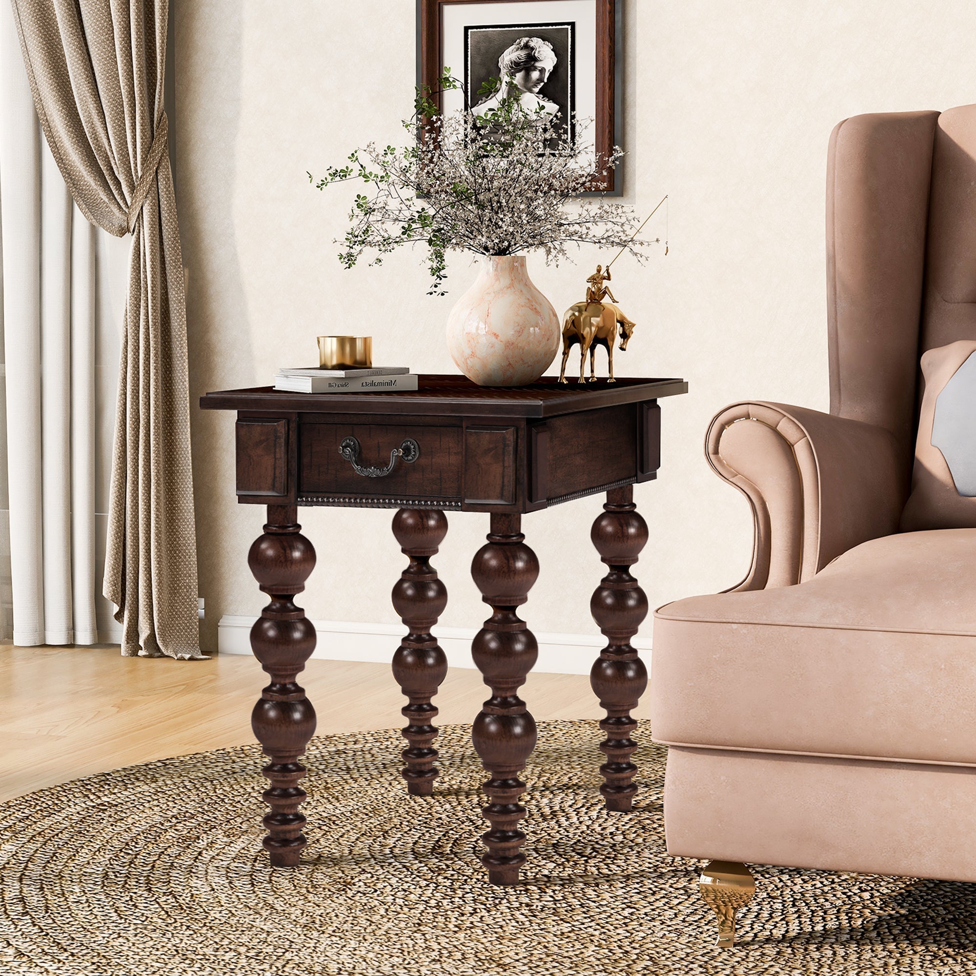 Solid Wood End Table with Drawer in Espresso Finish