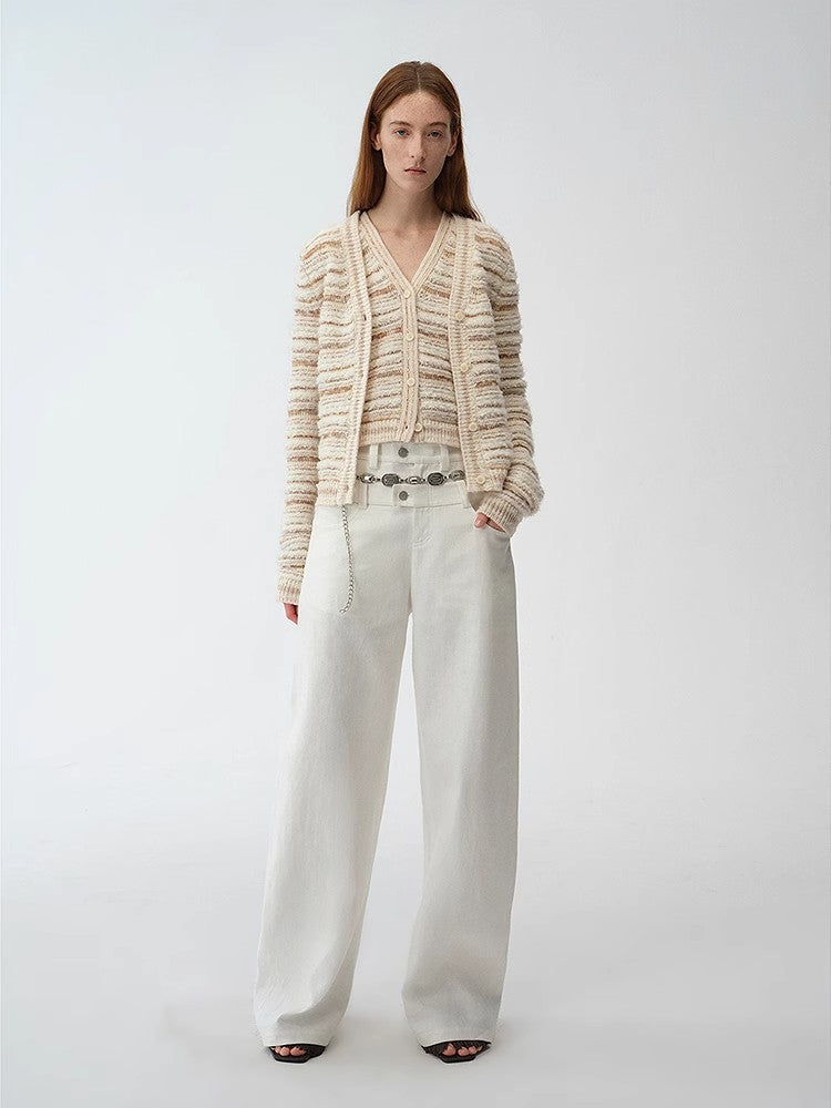 "Nice Weekend" striped mixed woven V-neck early spring layered knitted