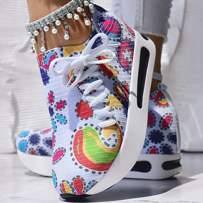 Women's Random Print Side Lace-Up Elastic Sport Shoes, Comfortable