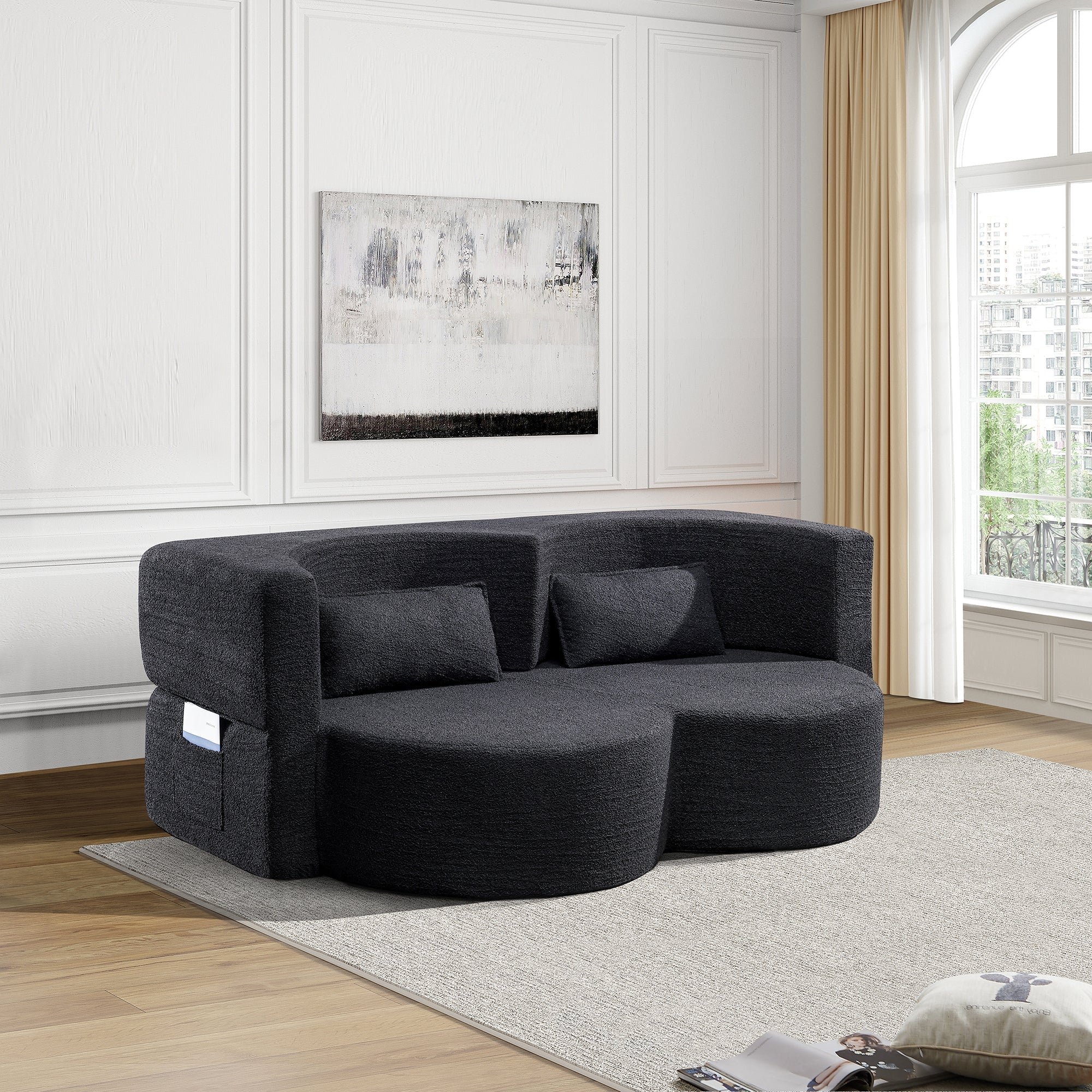 Folding Sofa Bed in Black Teddy Bear Fabric
