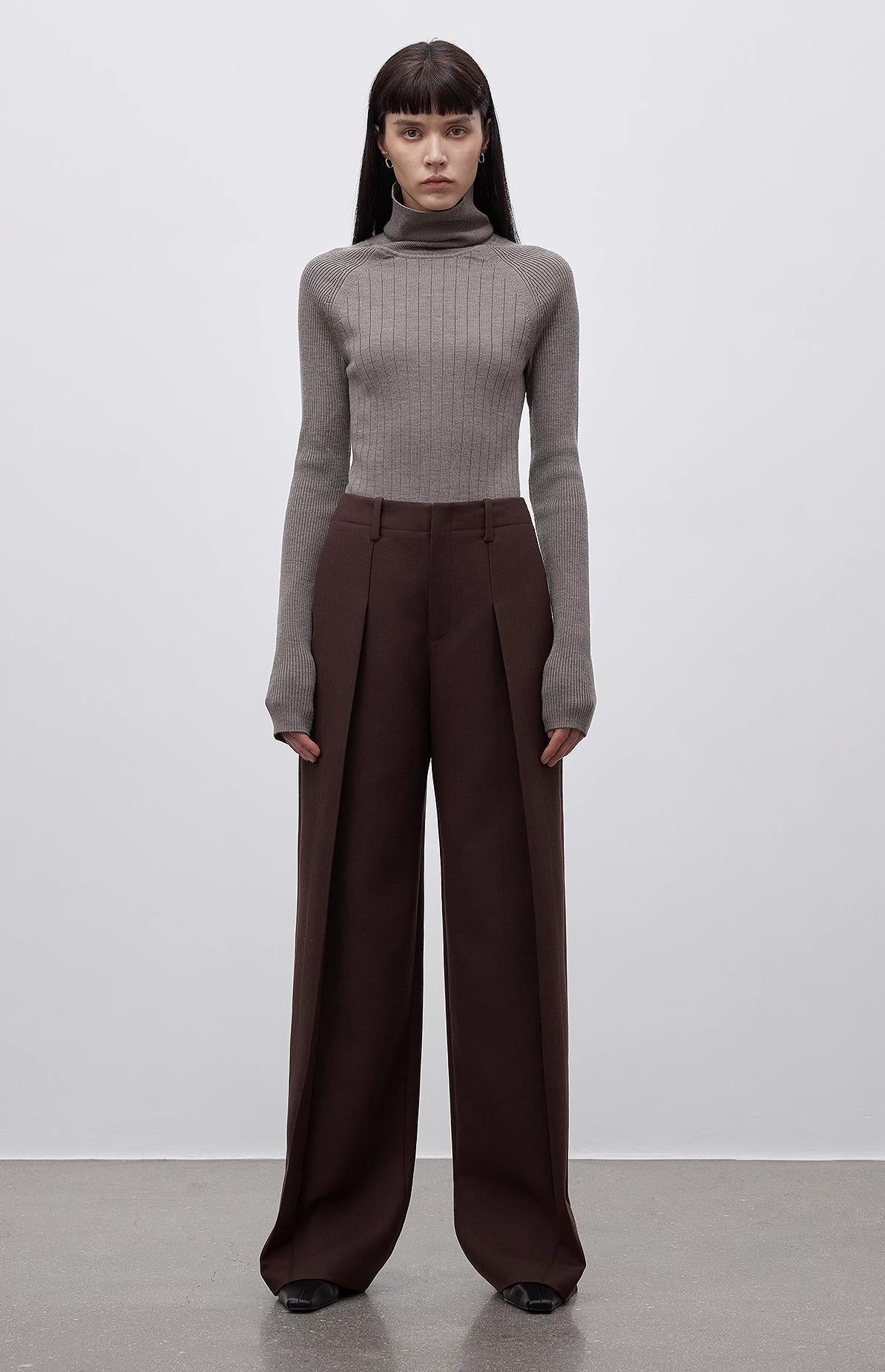 Imported wool pleated high-waisted straight-leg all-match slimming