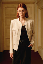 Heavy wool blend tweed stand collar waist cropped coat