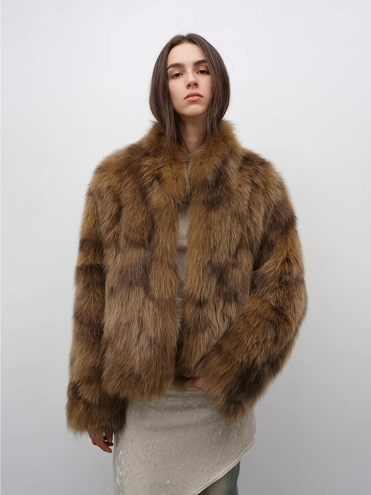 Polar Snow Casual Handmade Swoosh Printed Stand Up Lapel Fox Fur Coat