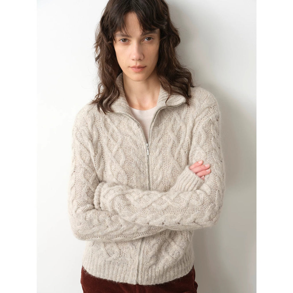 Vintage warm flower pattern basic top mohair wool cable blend zipper