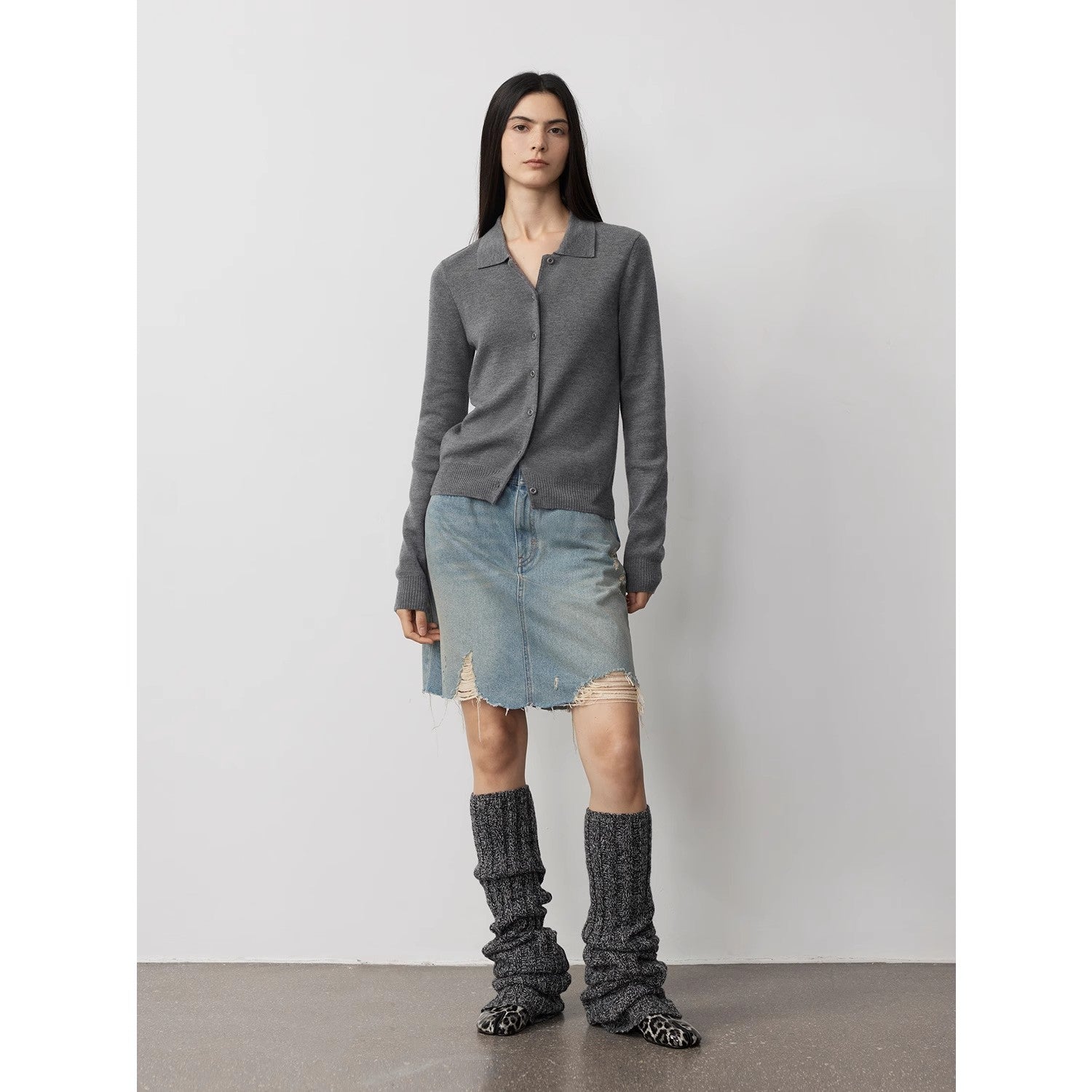 "Lazy urban" Yangtze Merino wool polo-neck cardigan straight-leg