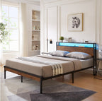 Queen Size Metal Platform Bed Frame With Wooden Headboard And