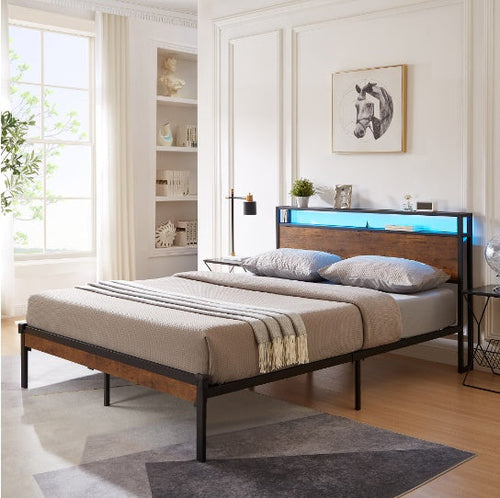 Queen Size Metal Platform Bed Frame With Wooden Headboard And