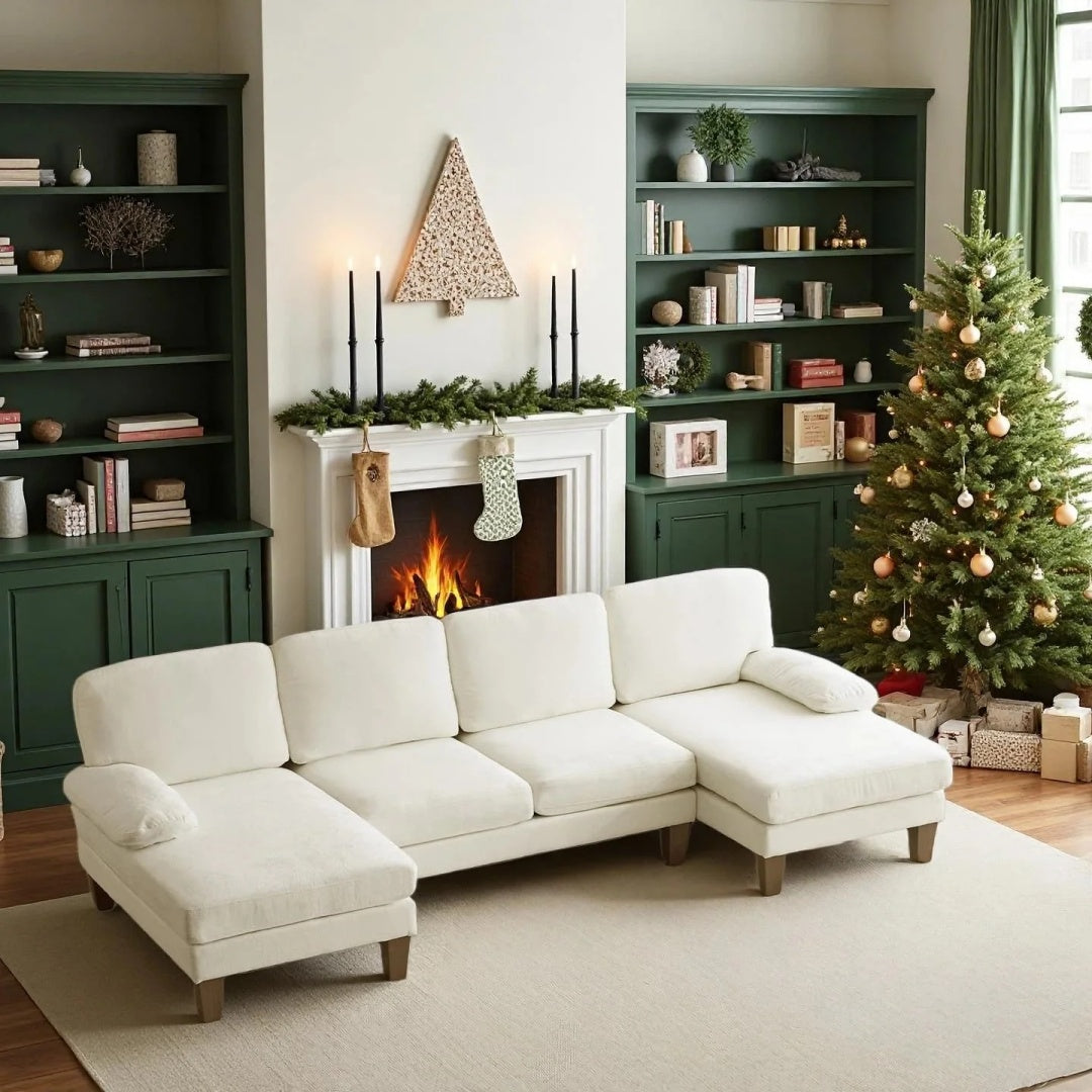 U-shaped Combination Sofa, Double Lounge Chair, Chenille Fabric 4-seat