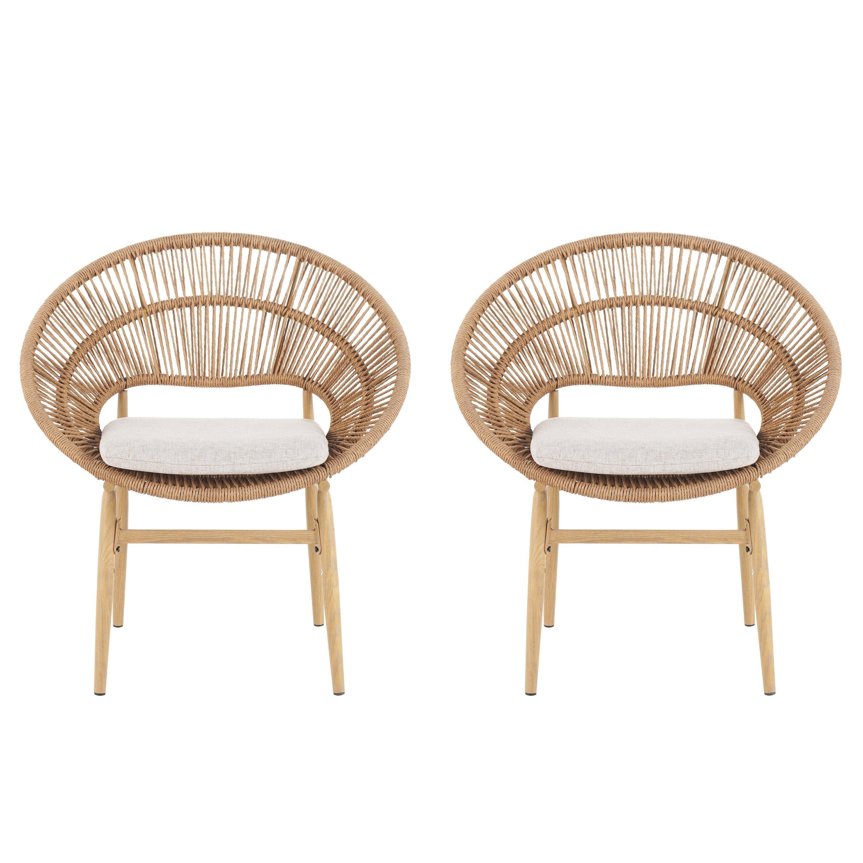 Cyril Outdoor Wicker Papasan Style Dining Chair with Teak Finished Legs - Set of 2
