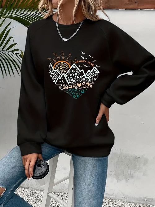 Casual Heart Print Crew Neck Pullover Sweatshirt - Soft Slightly