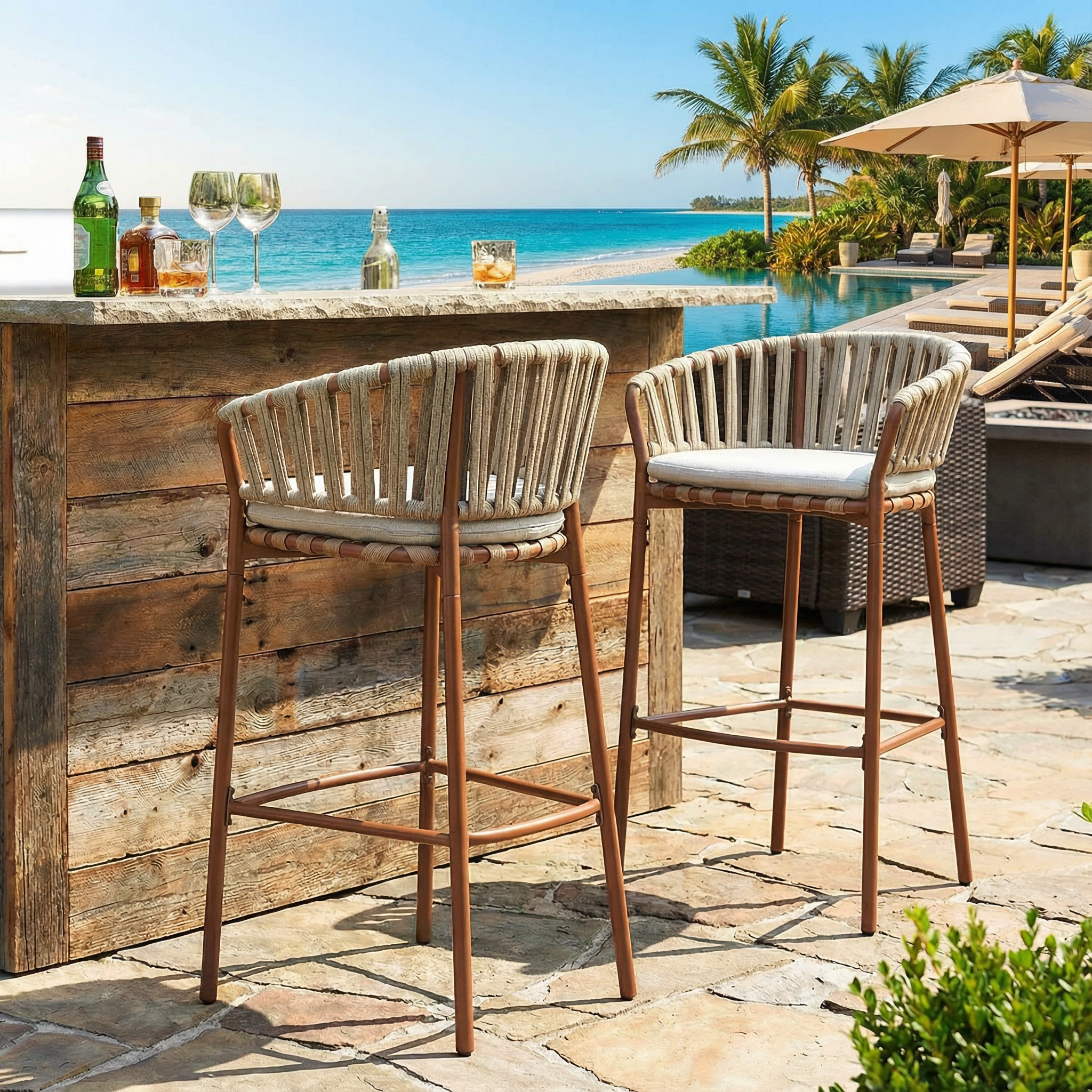 Lodi Outdoor Metal Rope Barstool Set of 2