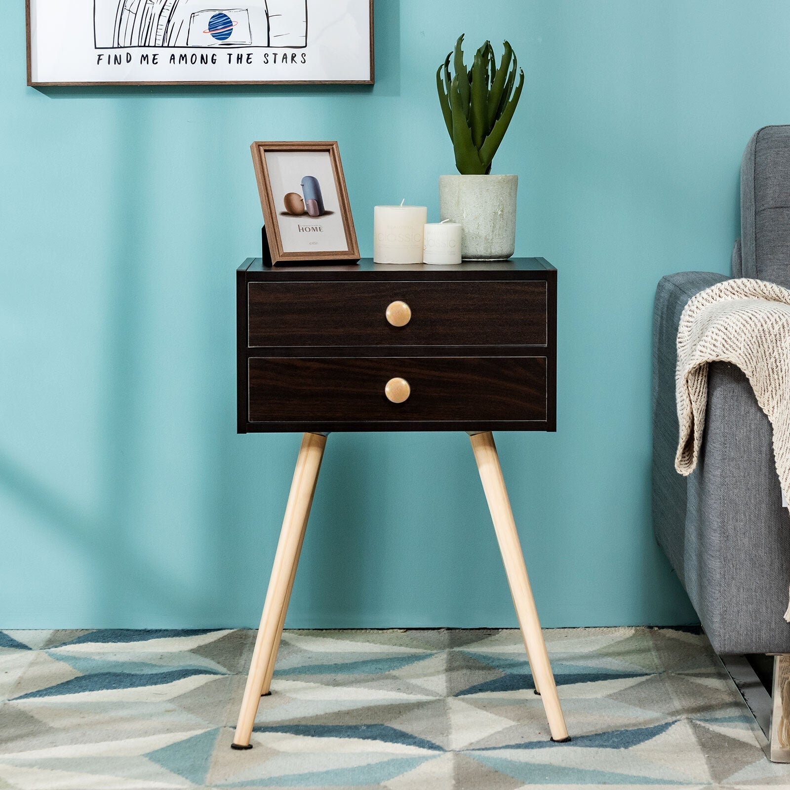 Mid Century Modern 2 Drawers Nightstand in Natural-Coffee