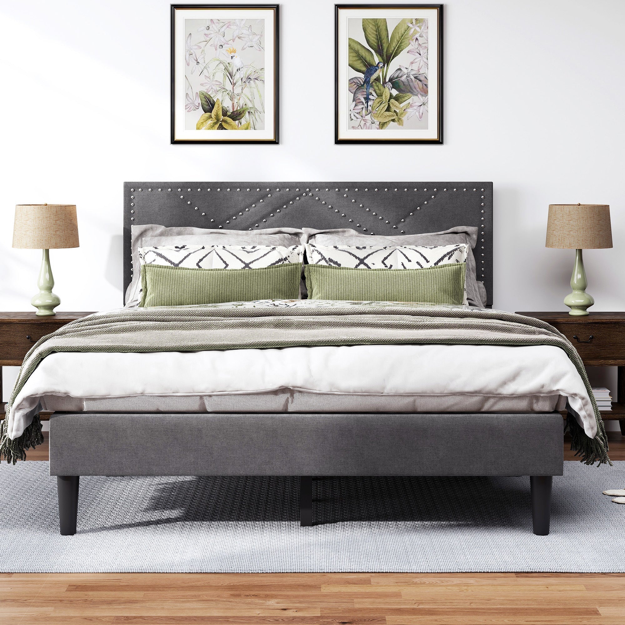 Luxurious Queen Bed Frame & Upholstered Wingback Headboard in Carbon Gray