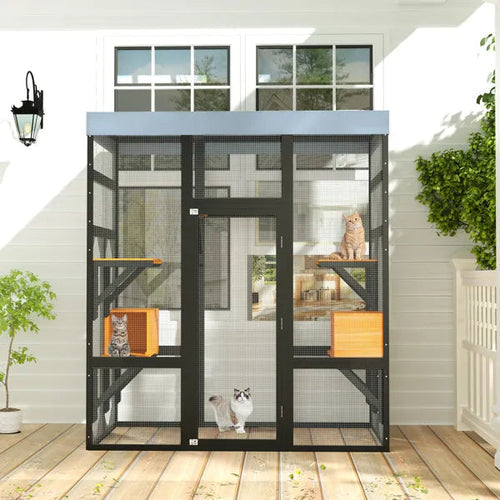 Large Outdoor Cat Enclosure Catio With 5 Platforms & 2 Napping Houses,