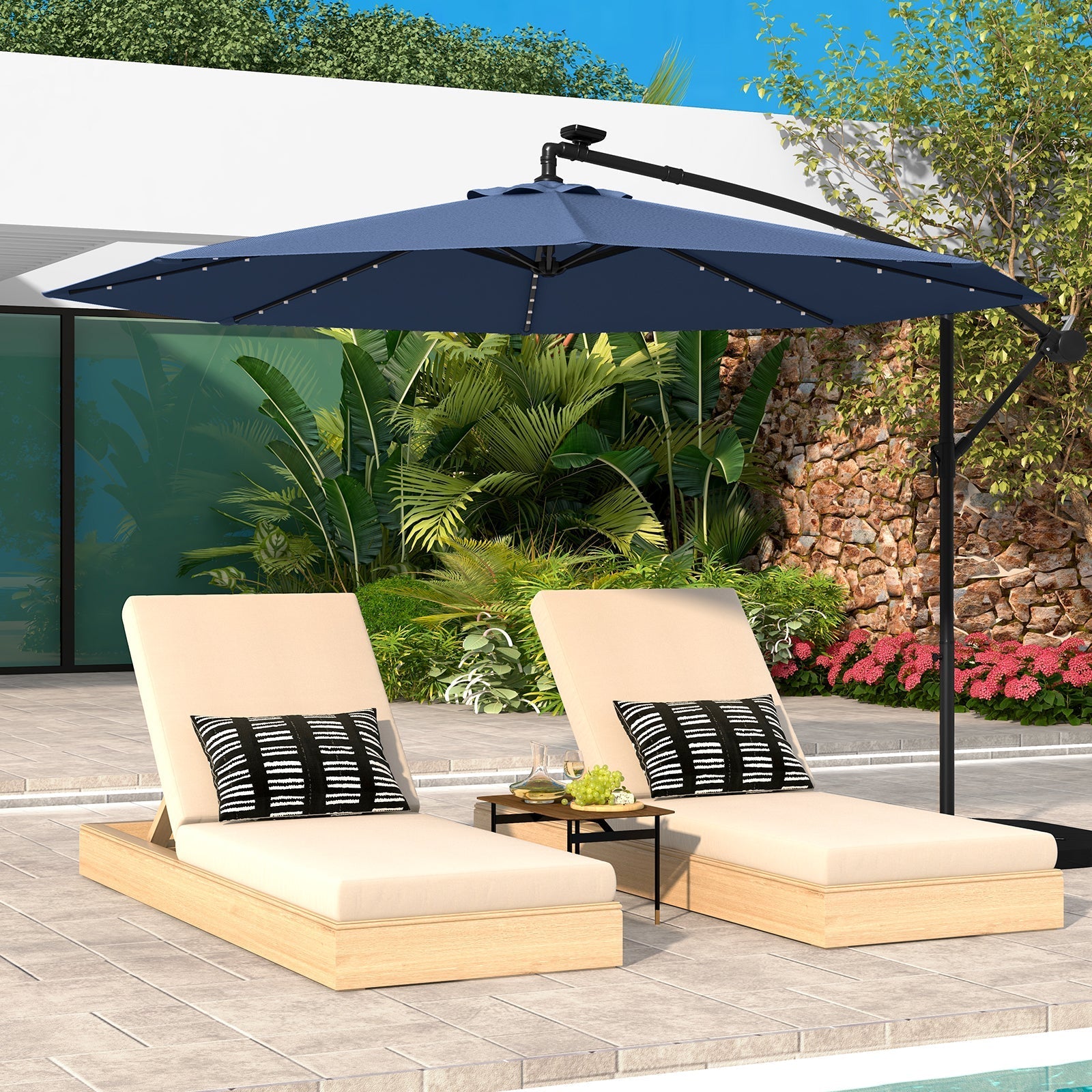 10 Feet Solar LED Offset Umbrella with 40 Lights and Cross Base for Patio-Blue