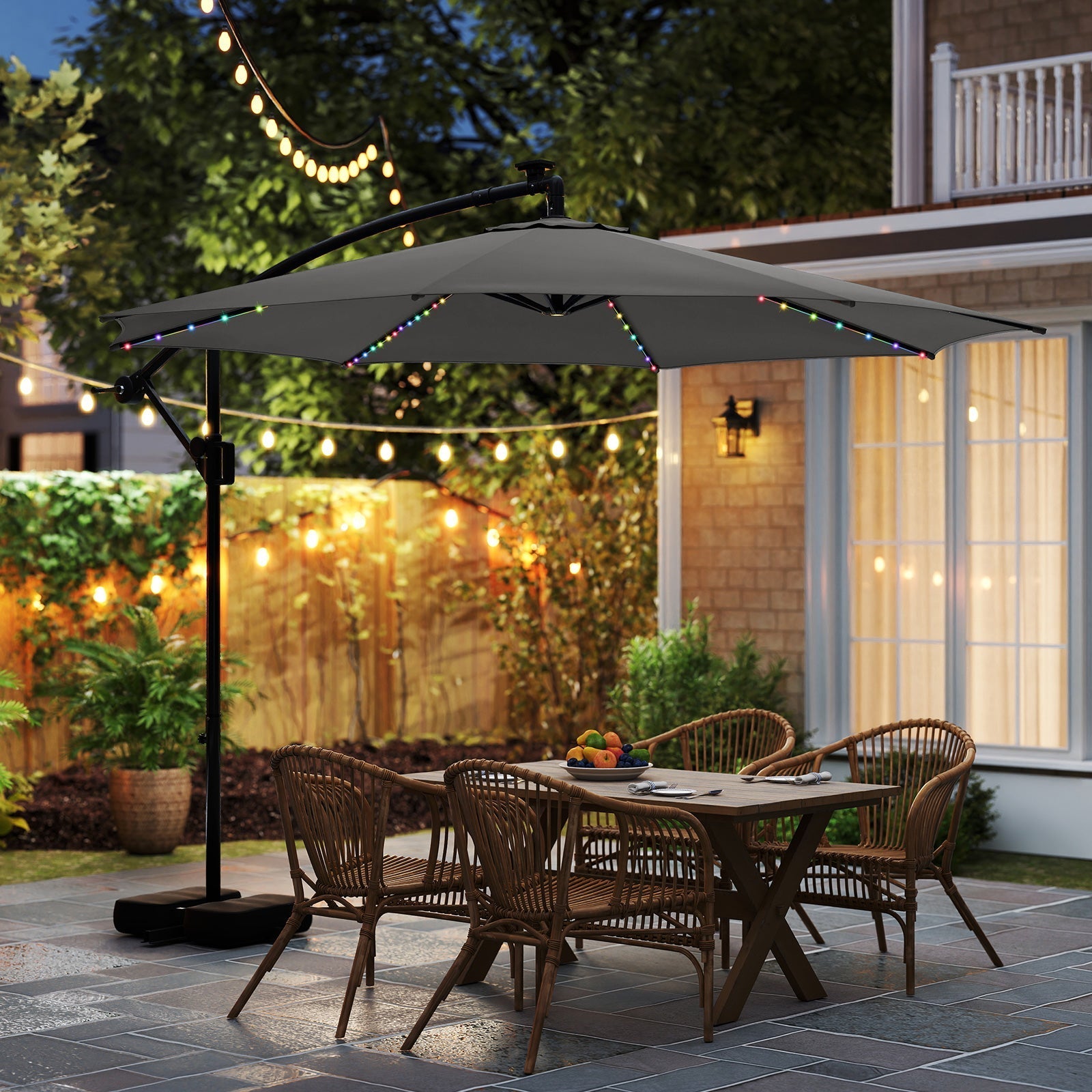 10 Feet Solar Offset Hanging Umbrella with Base and LED Lights-Gray