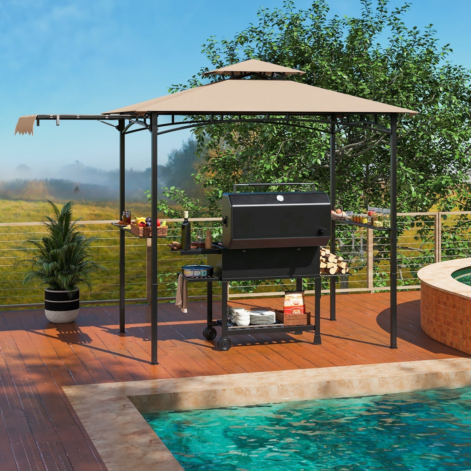 11 x 5 FT Grill Gazebo with Side Awning and Double-Tiered Top-Beige