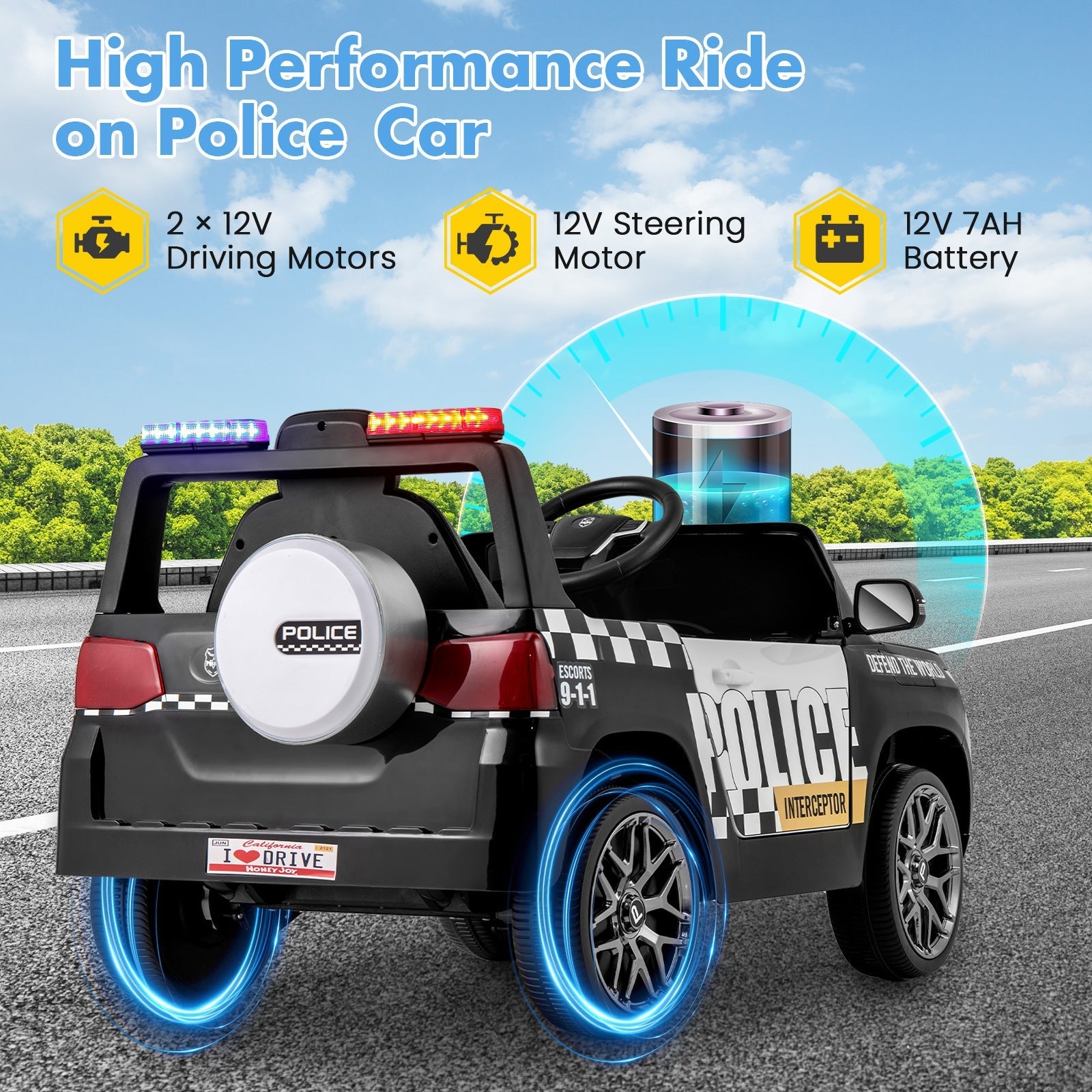 12V Kids Ride on Police Car with Remote and Siren Flashing Lights-White