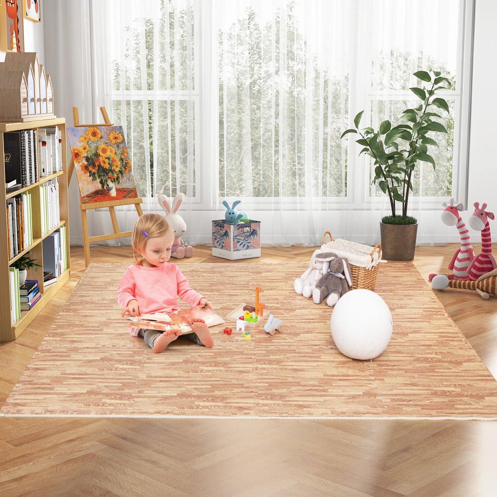 12 Tiles Wood Grain Foam Floor Mats with Borders
