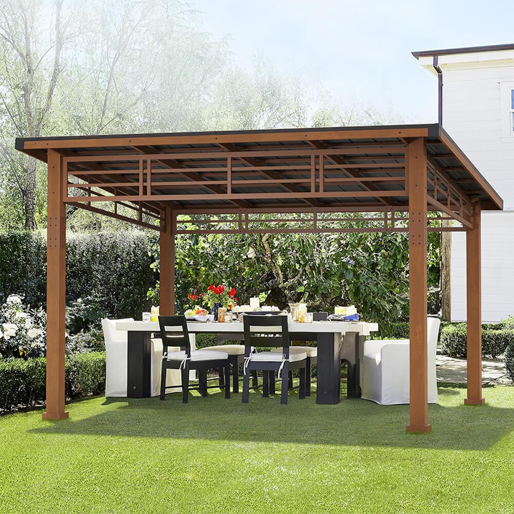[12X14] Alora Heavy-Duty Outdoor Hardtop Wood Frame Gazebo Canopy With Metal Roof & Curtains (SAK43625)