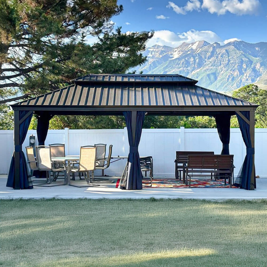 [12X20FT] Heavy-Duty Outdoor Backyard Hardtop Gazebo With Netting And Curtains (SAK18352)