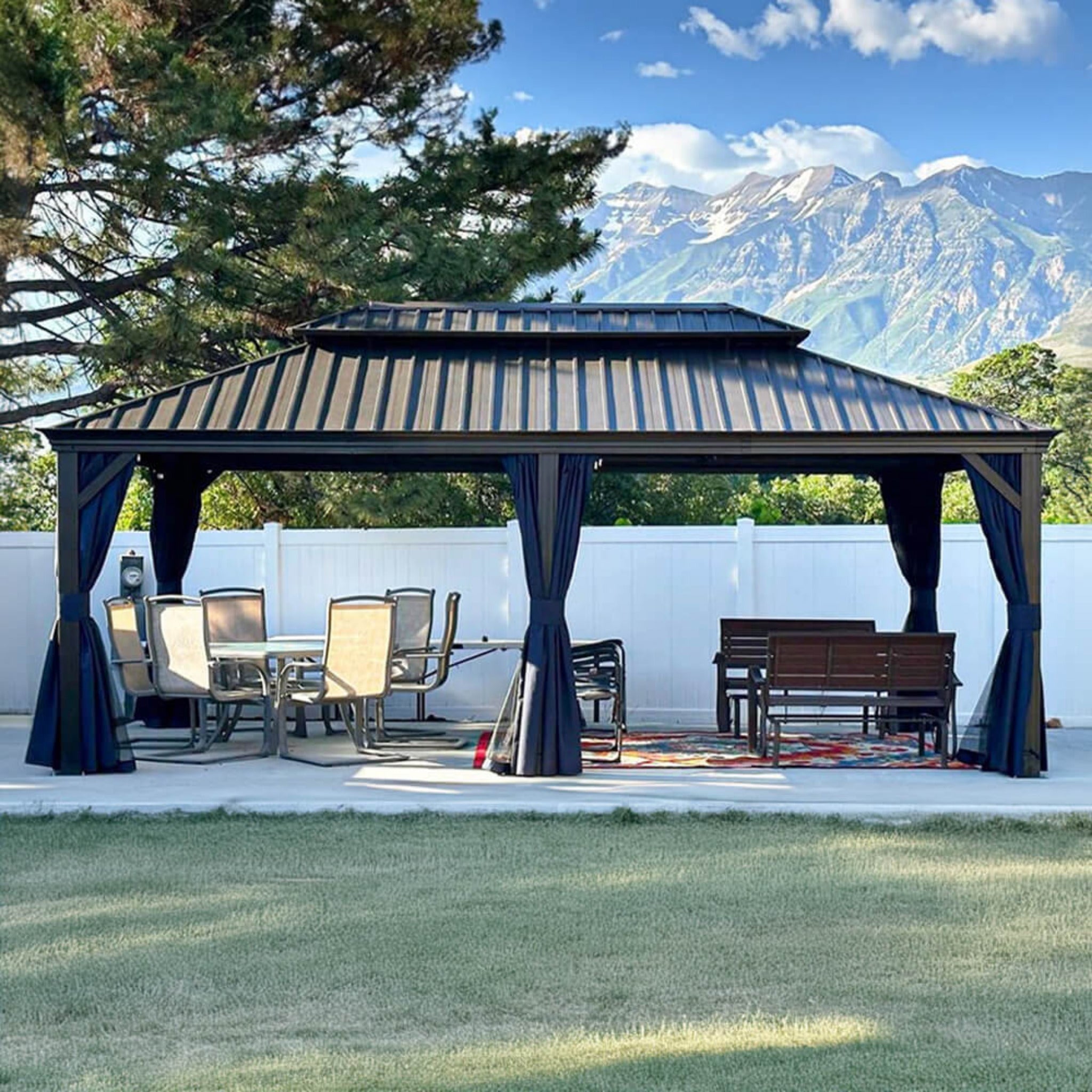 [12X20FT] Heavy-Duty Outdoor Backyard Hardtop Gazebo With Netting And Curtains (SAK18352)