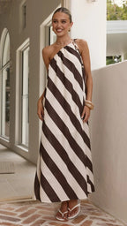 Summer Dress Striped Printed Shoulder Lace up Loose Vacation Maxi