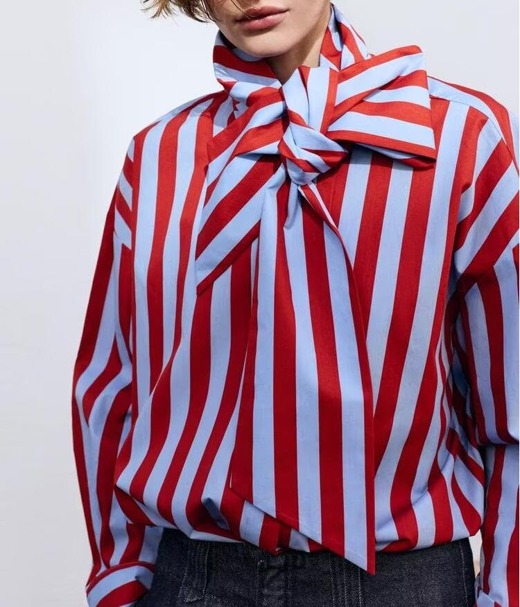 Women Clothing Spring Casual Minimalist Bowknot Contrast Color Striped