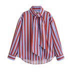 Women Clothing Spring Casual Minimalist Bowknot Contrast Color Striped