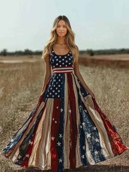 Flag Element Bohemian Suspender Maxi Dress .Ships from overseas.