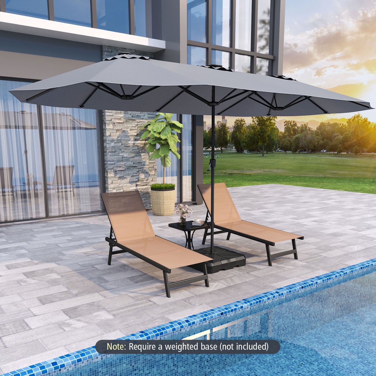 15.5 FT Extra-Large Patio Umbrella with LED Solar Lights and Crank Handle-Gray