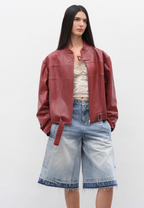 Retro Sheepskin Stand Collar Short Motorcycle Jacket “Caramel