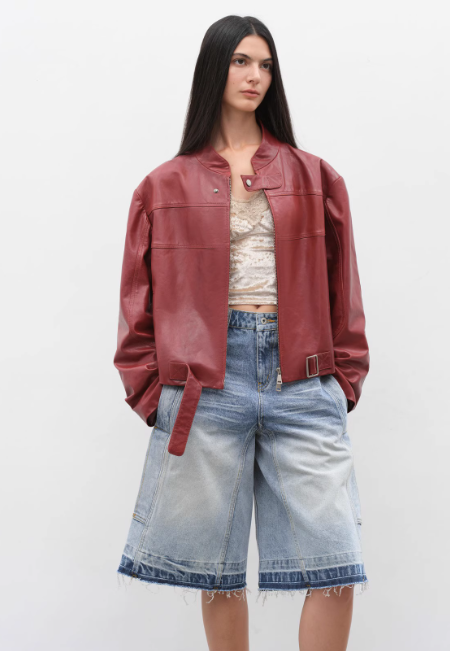 Retro Sheepskin Stand Collar Short Motorcycle Jacket “Caramel