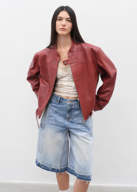 Retro Sheepskin Stand Collar Short Motorcycle Jacket “Caramel