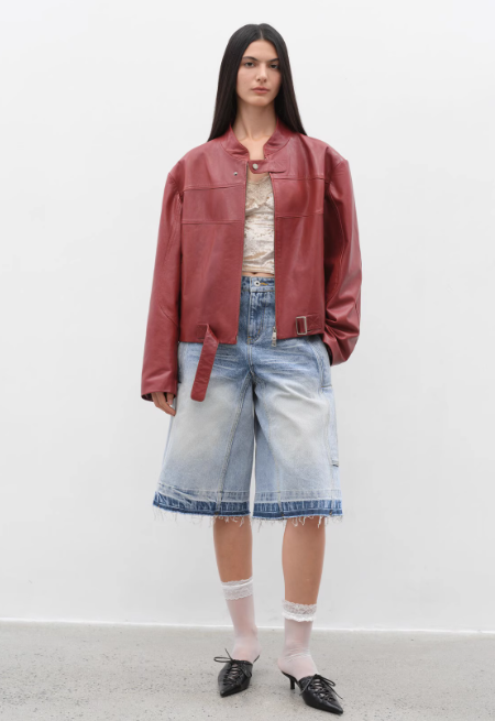 Retro Sheepskin Stand Collar Short Motorcycle Jacket “Caramel