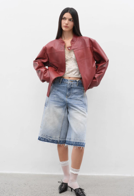 Retro Sheepskin Stand Collar Short Motorcycle Jacket “Caramel