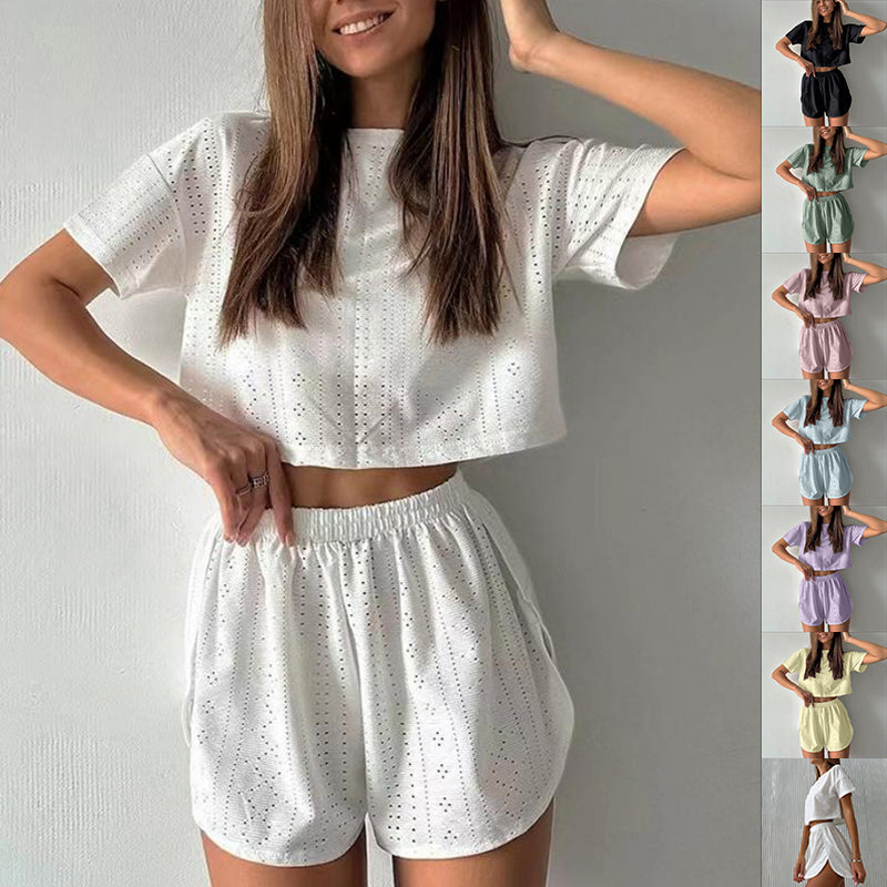 2pcs Casual Hollow Suit With Short-sleeved Crop Top And Elastic Slit