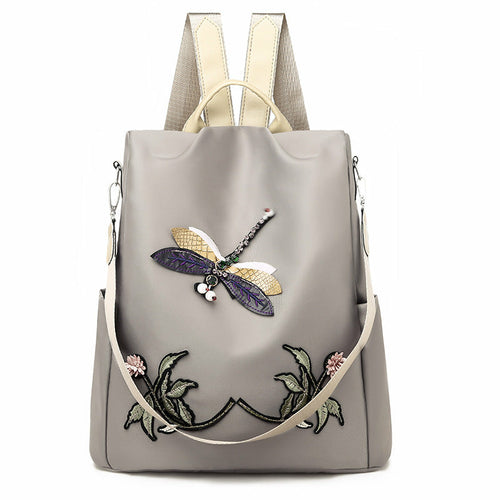 Oxford Cloth Embroidered Dragonfly Pattern Travel Backpack
