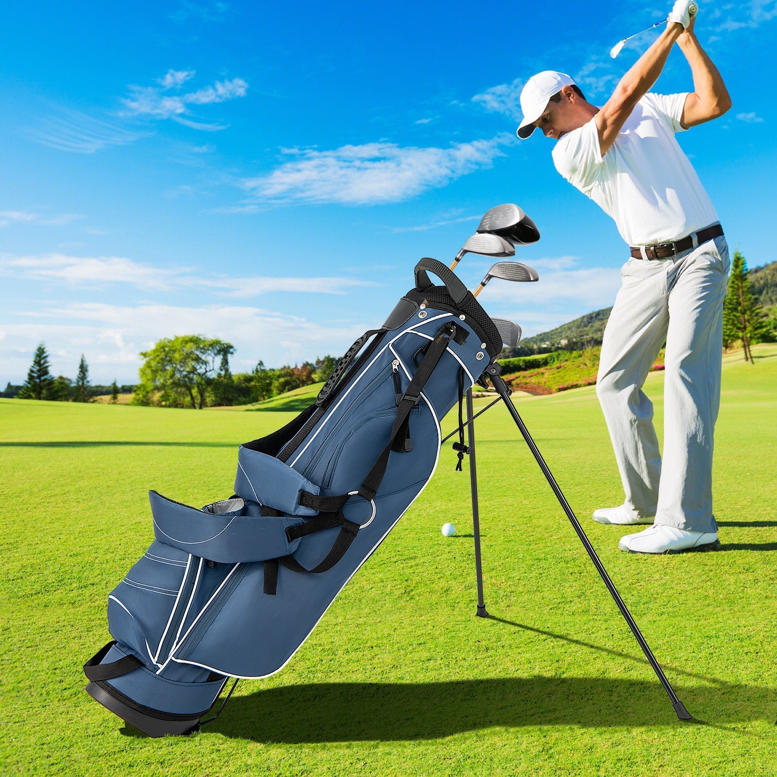 Golf Stand Cart Bag with 4 Way Divider Carry Organizer Pockets-Blue