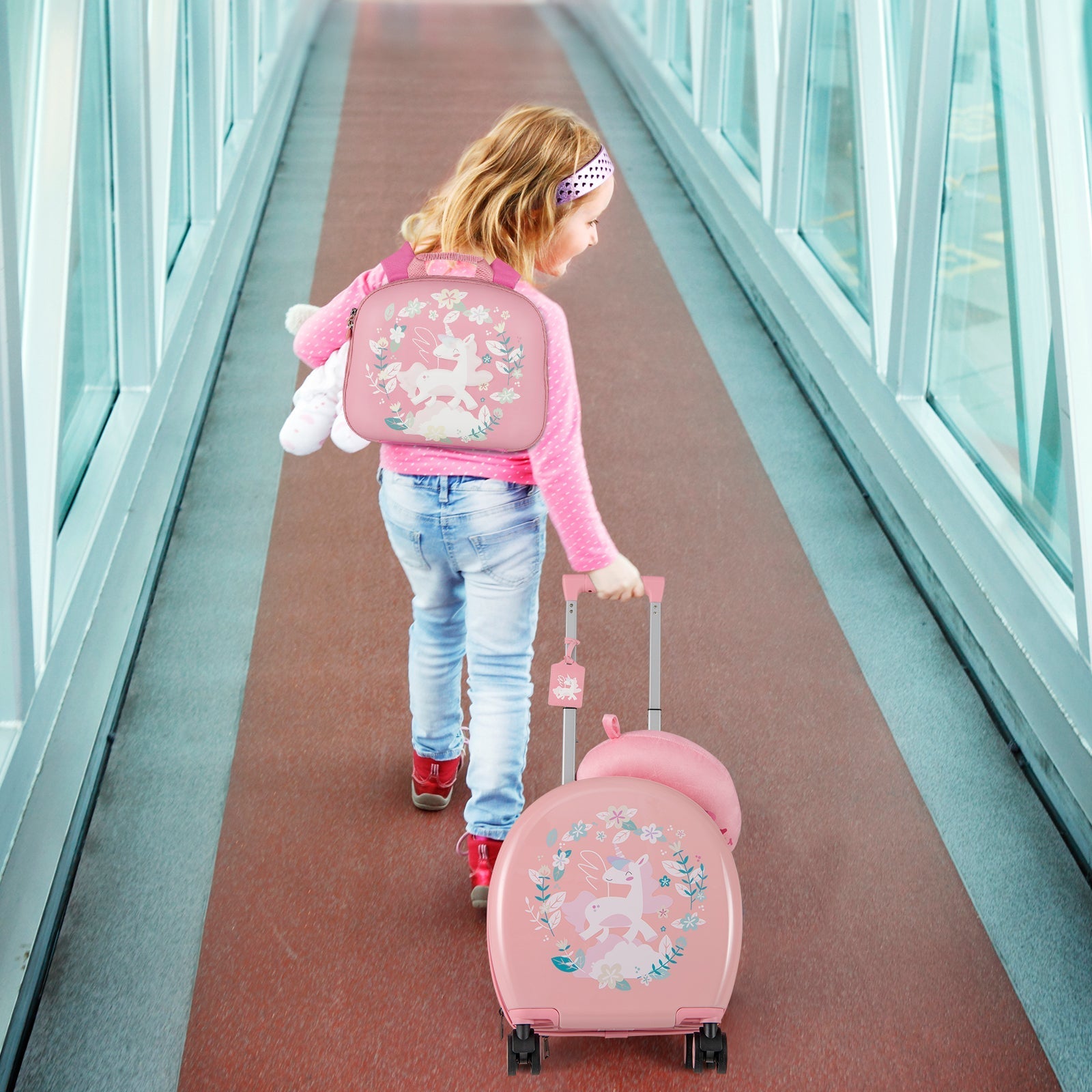 Kids Luggage Set with 14 Inches Carry-on Hardside Spinner Toddler Luggage and 10 Inches Backpack-Pink